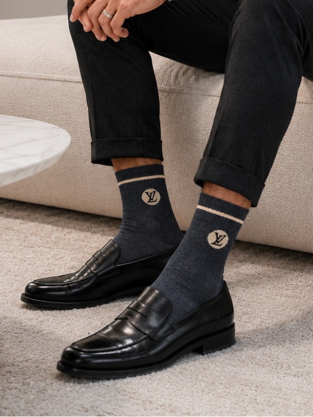 Louis Vuitton Gray Crew Socks with Cream Logo